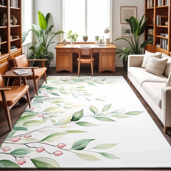 Area Rug 48×72in, Spring Hanging Botanical Leaf Berry Floor Carpet Living Room Rug, Eucalyptus Leaves on White Non-Slip Welcome Mat Indoor Rugs for Bedroom Dining Room