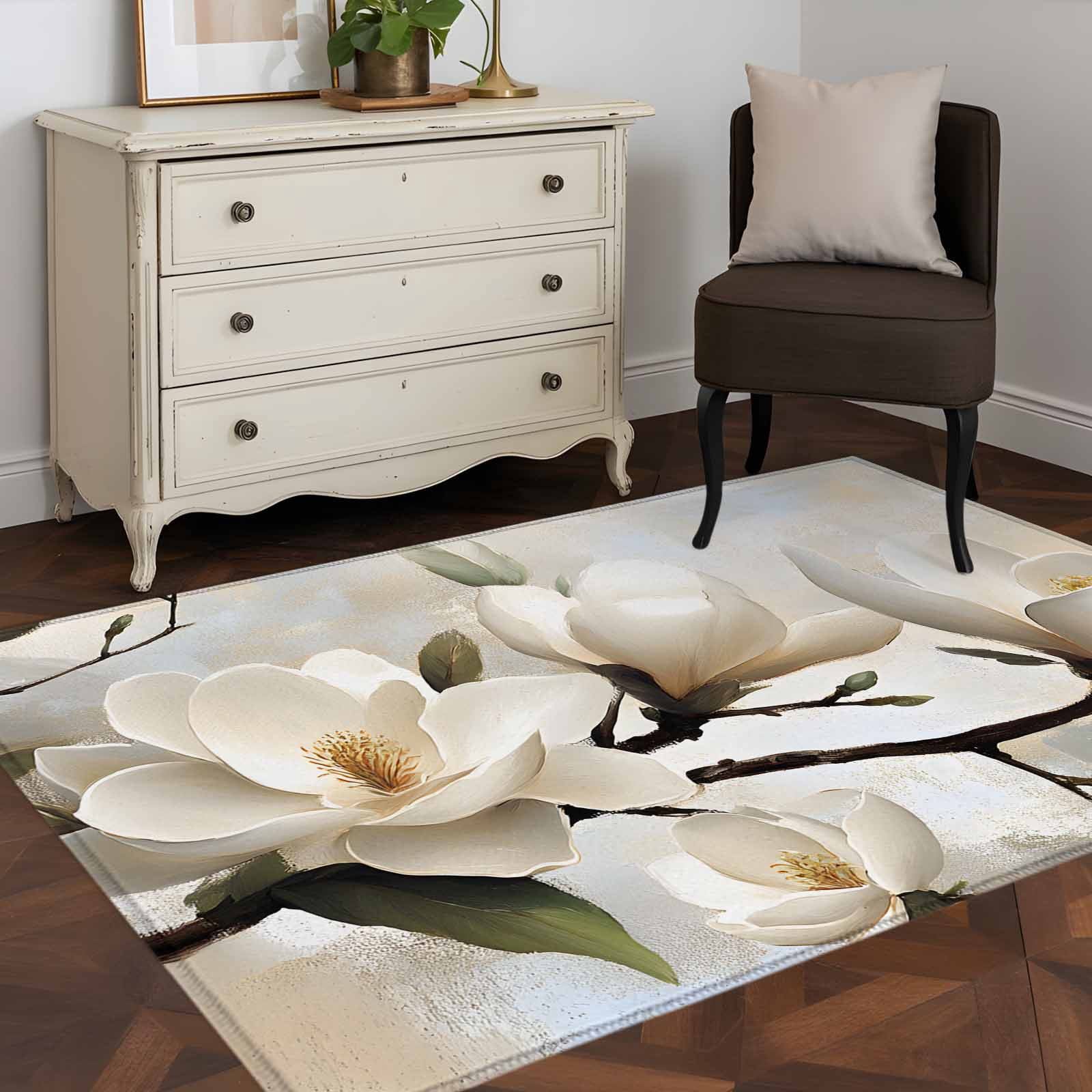 Area Rug 48×72in, Spring Tulip White Floral on Branch Floor Carpet ...