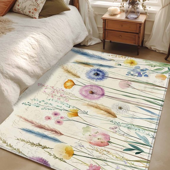 Area Rug 48×72in, Spring Watercolor Flowers Floor Carpet Living Room Rug, Retro Beige Postcard Texture Non-Slip Welcome Mat Indoor Rugs for Bedroom Dining Room
