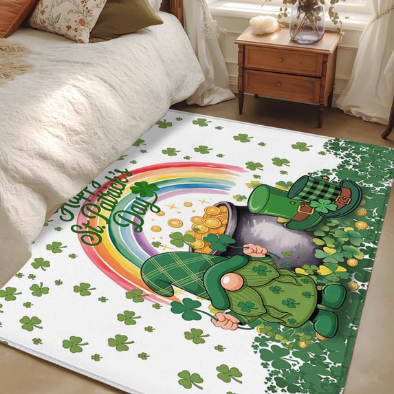 Area Rug 48×72in, St. Patrick's Day Green Dwarf Four Leaf Floor Carpet Living Room Rug, Watercolor Rainbow Non-Slip Welcome Mat Indoor Rugs for Bedroom Dining Room