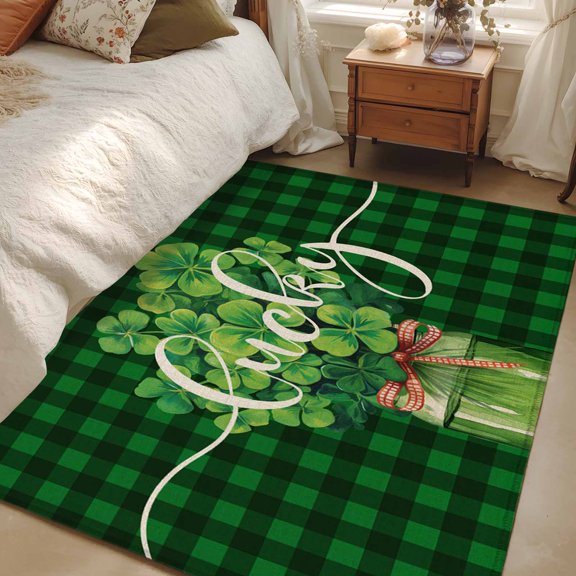 Area Rug 48×72in, St. Patrick's Day Lucky Quote Shamrocks Floor Carpet Living Room Rug, Green Buffalo Plaid Non-Slip Welcome Mat Indoor Rugs for Bedroom Dining Room