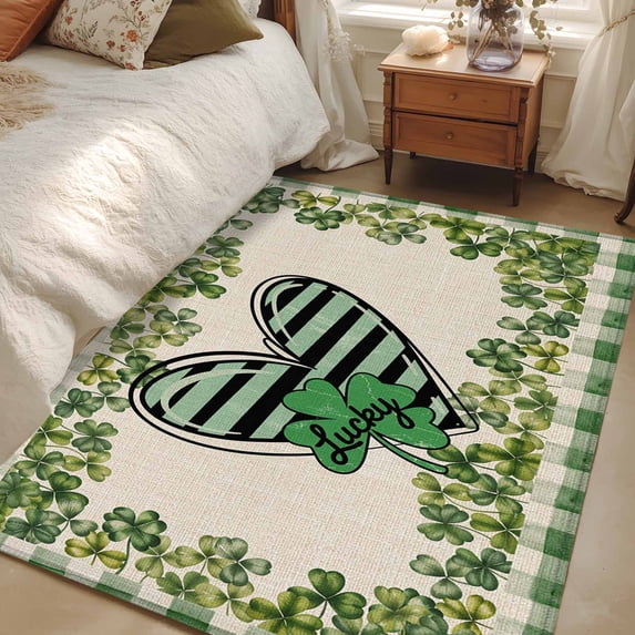 Area Rug 48×72in, St. Patrick's Day Shamrocks Leaf Heart Floor Carpet Living Room Rug, Green Plaid on Burlap Non-Slip Welcome Mat Indoor Rugs for Bedroom Dining Room