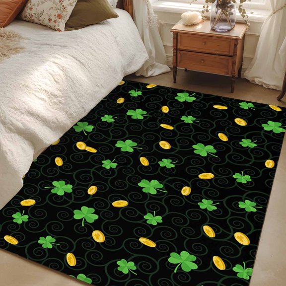Area Rug 48×72in, St. Patrick's Day Three-leaf Floor Carpet Living Room Rug, Gold Coin Non-Slip Welcome Mat Indoor Rugs for Bedroom Dining Room