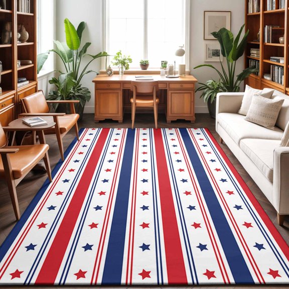 Area Rug 48×72in, Stars Red Stripe Independence Day Blue Pentagram Floor Carpet Living Room Rug, Patriotic 4th of July Non-Slip Welcome Mat Indoor Rugs for Bedroom Dining Room