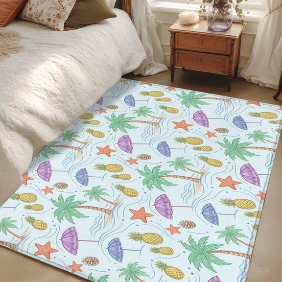 Area Rug 48×72in, Summer Coconut Tree Pineapple Floor Carpet Living Room Rug, Coastal Starfish Beach Theme Non-Slip Welcome Mat Indoor Rugs for Bedroom Dining Room