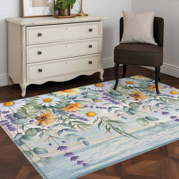 Area Rug 48×72in, Summer Daisy Lavender Floor Carpet Living Room Rug, Eucalyptus Leaves on Wood Non-Slip Welcome Mat Indoor Rugs for Bedroom Dining Room