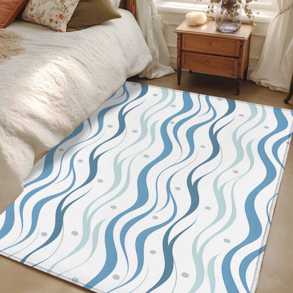Area Rug 48×72in, Summer Oceans Waves Floor Carpet Living Room Rug, Navy Blue Striped Non-Slip Welcome Mat Indoor Rugs for Bedroom Dining Room