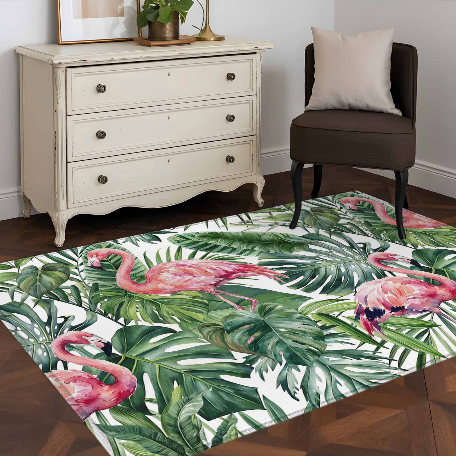 Area Rug 48×72in, Summer Pink Flamingo Monstera Floor Carpet Living ...