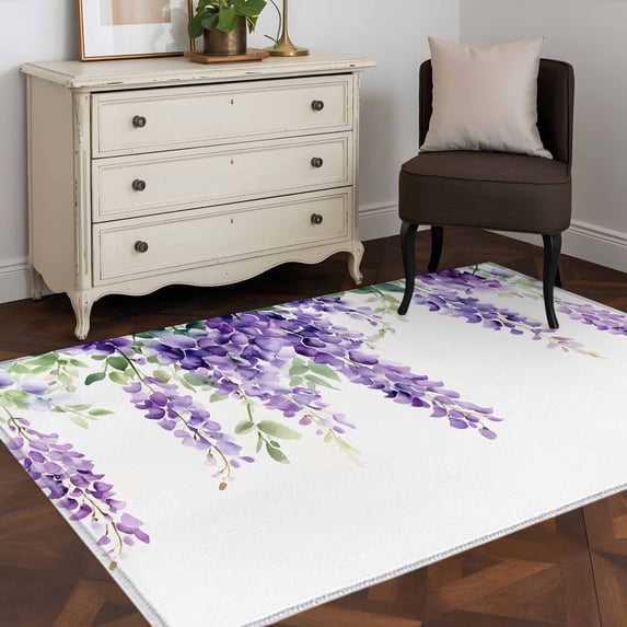 Area Rug 48×72in, Summer Purple Flower on White Floor Carpet Living Room Rug, Wisteria Floral Watercolor Non-Slip Welcome Mat Indoor Rugs for Bedroom Dining Room