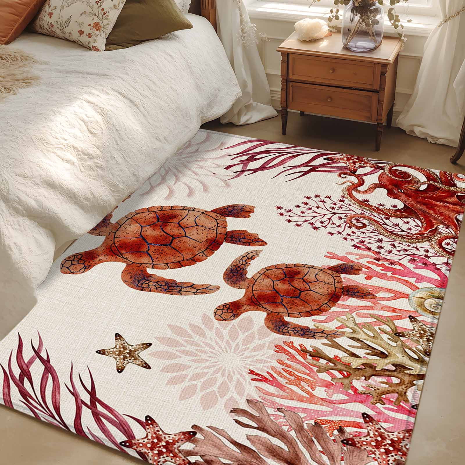 Area Rug 48×72in, Summer Red Sea Turtle Octopus on Linen Floor Carpet ...