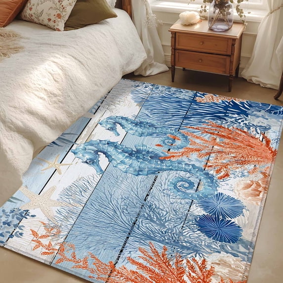 Area Rug 48×72in, Summer Seahorses Blue Wood Board Floor Carpet Living Room Rug, Ocean Starfish Coral Non-Slip Welcome Mat Indoor Rugs for Bedroom Dining Room