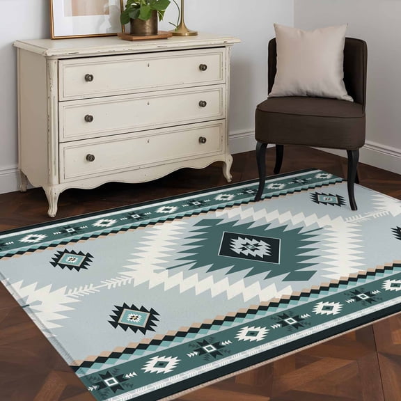 Area Rug 48×72in, Teal Aztec Tribal Style Floor Carpet Living Room Rug, Ethnic Southwest Native Pattern Non-Slip Welcome Mat Indoor Rugs for Bedroom Dining Room