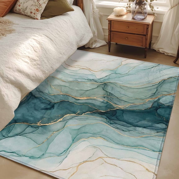 Area Rug 48×72in, Teal Beige Ombre Marble Texture Floor Carpet Living Room Rug, Abstract Stone Gold Stripes Non-Slip Welcome Mat Indoor Rugs for Bedroom Dining Room