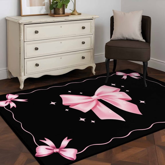 Area Rug 48×72in, Valentine's Day Pink Bowknot on Black Floor Carpet Living Room Rug, Ribbon Bow Mother's Day Non-Slip Welcome Mat Indoor Rugs for Bedroom Dining Room