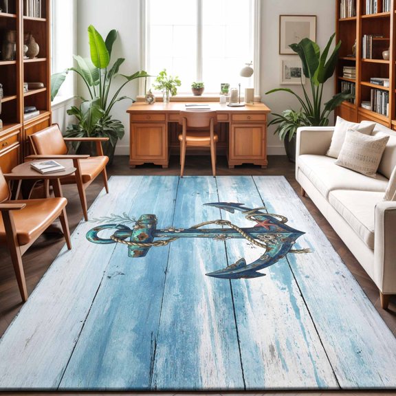 Area Rug 48×72in, Vintage Anchor Ocean Life Floor Carpet Living Room Rug, Coastal Blue Gradient Wood Board Non-Slip Welcome Mat Indoor Rugs for Bedroom Dining Room
