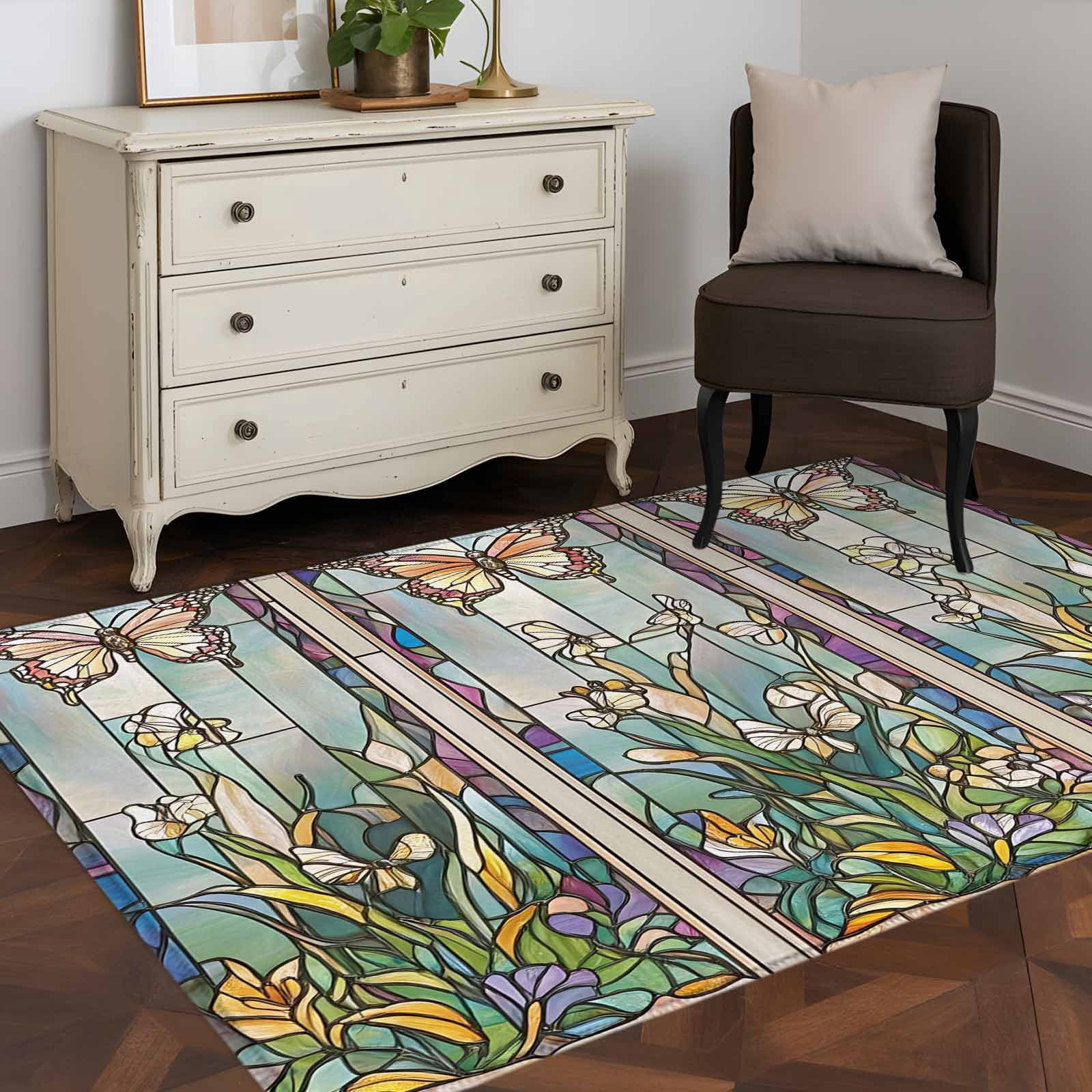 Stained Rug Design Area Rug 48×72in, Vintage Butterfly Watercolor Floral Floor Carpet ...