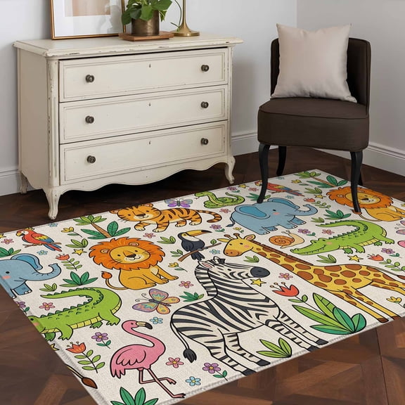 Area Rug 48×72in, Vintage Cartoons Lions Tigers Giraffes Floor Carpet Living Room Rug, Children's Day Non-Slip Welcome Mat Indoor Rugs for Bedroom Dining Room
