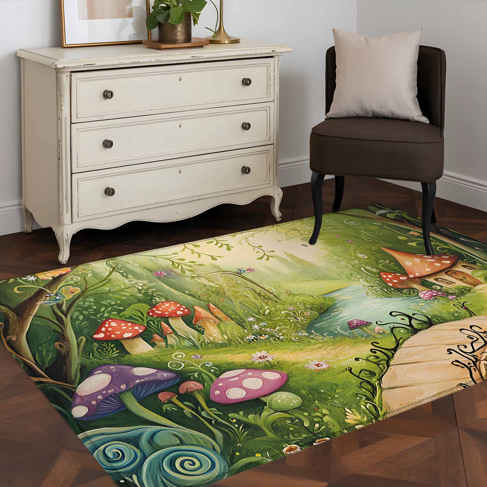 Area Rug 48×72in, Vintage Mushroom Cottage Forest Floor Carpet Living ...