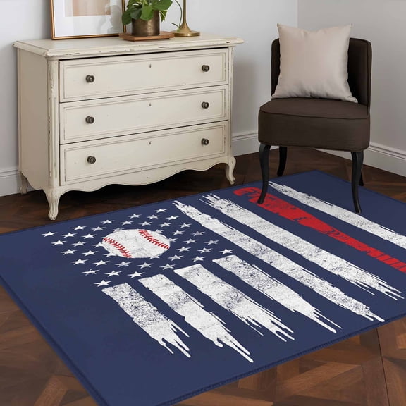 Area Rug 48×72in, Vintage Navy Blue Baseball Floor Carpet Living Room Rug, USA Flag Abstract Non-Slip Welcome Mat Indoor Rugs for Bedroom Dining Room