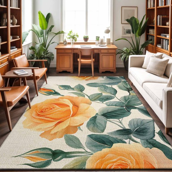 Area Rug 48×72in, Vintage Orange Rose Flower on Linen Floor Carpet Living Room Rug, Spring Pastoral Floral Non-Slip Welcome Mat Indoor Rugs for Bedroom Dining Room