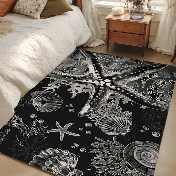Area Rug 48×72in, Vintage Sea Creatures on Letter Floor Carpet Living Room Rug, Black White Starfish Coral Non-Slip Welcome Mat Indoor Rugs for Bedroom Dining Room