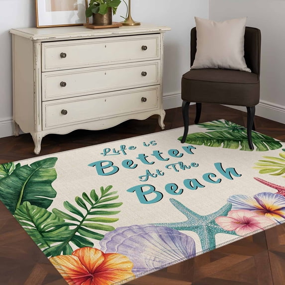 Area Rug 48×72in, Vintage Watercolor Tropical Plants Floor Carpet Living Room Rug, Marine Creature on Linen Non-Slip Welcome Mat Indoor Rugs for Bedroom Dining Room