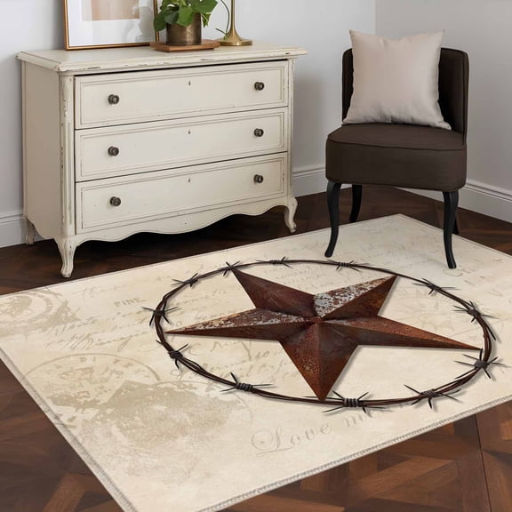 Area Rug 48×72in, Vintage Western Star Floor Carpet Living Room Rug, Shabby Country Pentagram Non-Slip Welcome Mat Indoor Rugs for Bedroom Dining Room