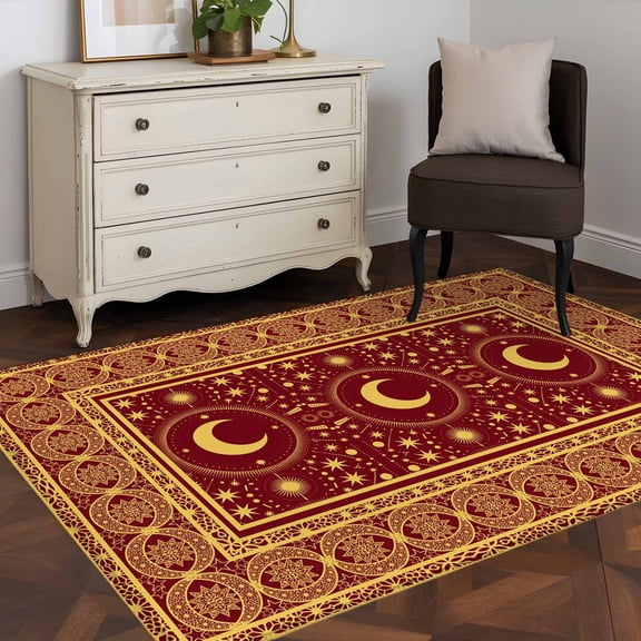 Area Rug 48×72in, Vintage Yellow Moon Star Floor Carpet Living Room Rug, Boho Traditional Style Non-Slip Welcome Mat Indoor Rugs for Bedroom Dining Room