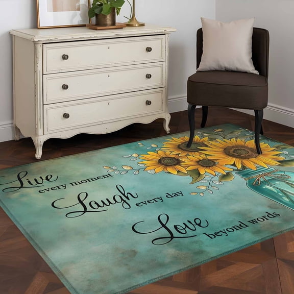 Area Rug 48×72in, Watercolor Blossom Sunflower Bottle Floor Carpet Living Room Rug, Encouraging Quote on Retro Non-Slip Welcome Mat Indoor Rugs for Bedroom Dining Room
