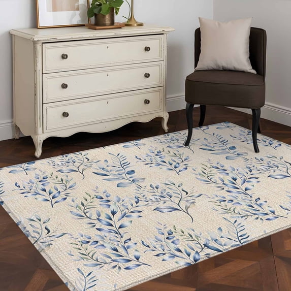 Area Rug 48×72in, Watercolor Blue Herb Leaves Floor Carpet Living Room Rug, Country Vintage Linen Non-Slip Welcome Mat Indoor Rugs for Bedroom Dining Room