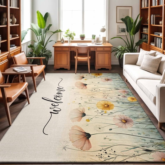 Area Rug 48×72in, Watercolor Floral Welcome Quote Floor Carpet Living Room Rug, Vintage Linen Texture Non-Slip Welcome Mat Indoor Rugs for Bedroom Dining Room