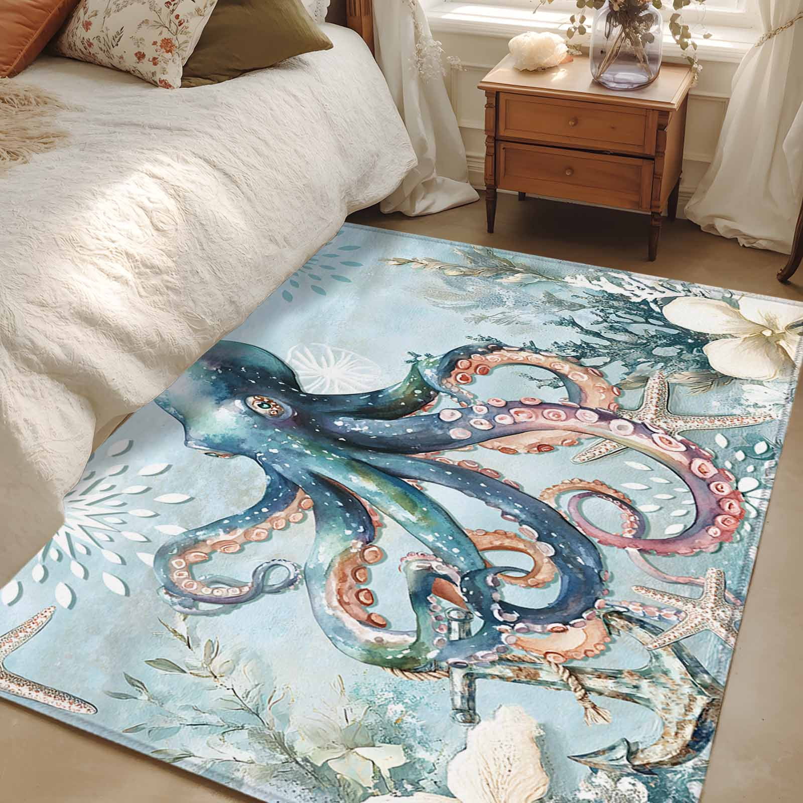 Octopus Channel Rug Area Rug 48×72in, Watercolor Marine Life Octopus Floor Carpet Living ...