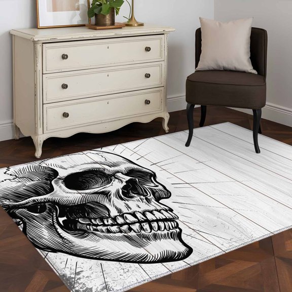 Area Rug 48×72in, Watercolor Skull Line Pattern Floor Carpet Living Room Rug, Abstract Skeleton on White Wood Non-Slip Welcome Mat Indoor Rugs for Bedroom Dining Room