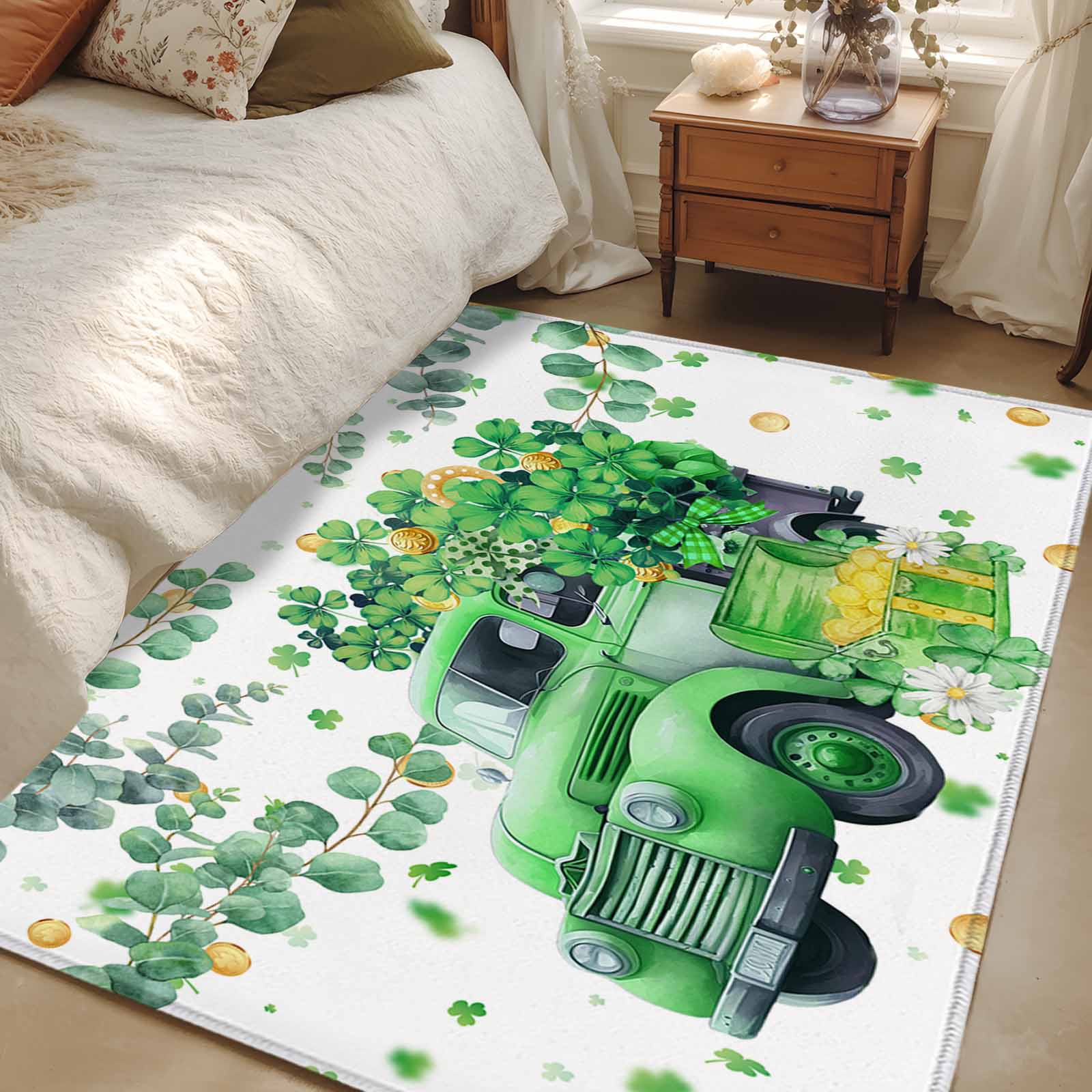 Area Rug 48×72in, Watercolor St. Papa Green Trucks Fourleaf Grasses ...