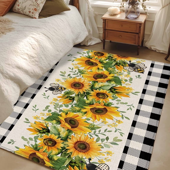 Area Rug 48×72in, Watercolor Sunflower Bee Green Leaves Floor Carpet Living Room Rug, Black Buffalo Plaid Non-Slip Welcome Mat Indoor Rugs for Bedroom Dining Room