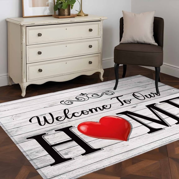 Area Rug 48×72in, Welcome to Our Home Quote Floor Carpet Living Room Rug, Retro Farm Wood Grain Non-Slip Welcome Mat Indoor Rugs for Bedroom Dining Room