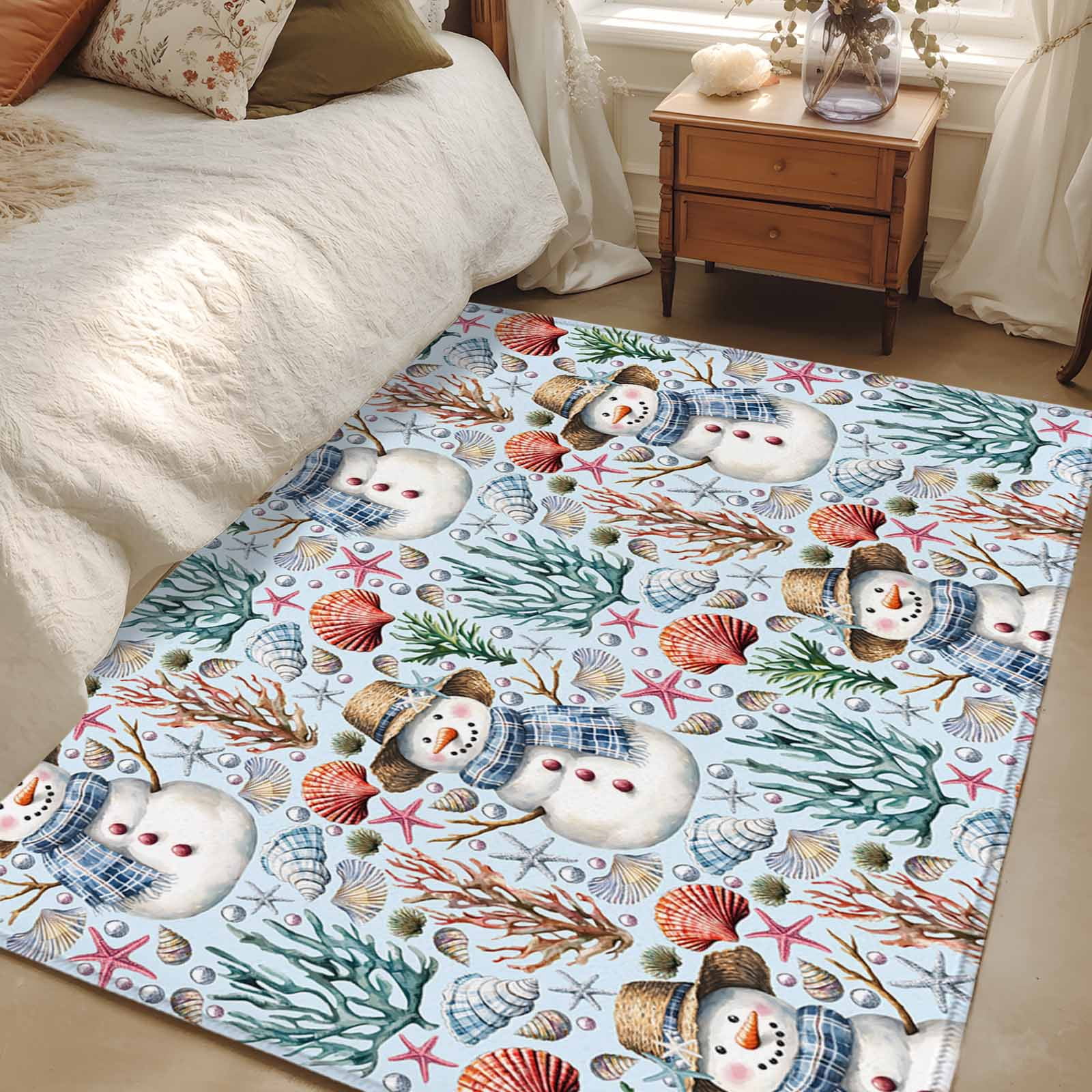 Area Rug 48×72in, Xmas Snowman Ocean Shell Coral on Blue Floor Carpet ...
