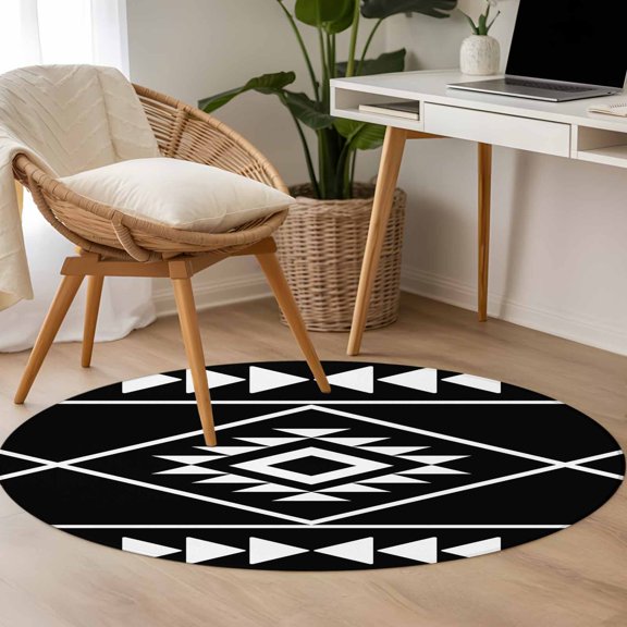 Area Rug 48in, Abstract Ethnic Geometric Art Floor Carpet Living Room Rug, Black White Tribal Triangle Non-Slip Welcome Mat Indoor Rugs for Bedroom Dining Room