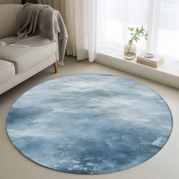Area Rug 48in, Abstract Gradient Blue Marble Floor Carpet Living Room Rug, Watercolor Texture Seamless Non-Slip Welcome Mat Indoor Rugs for Bedroom Dining Room