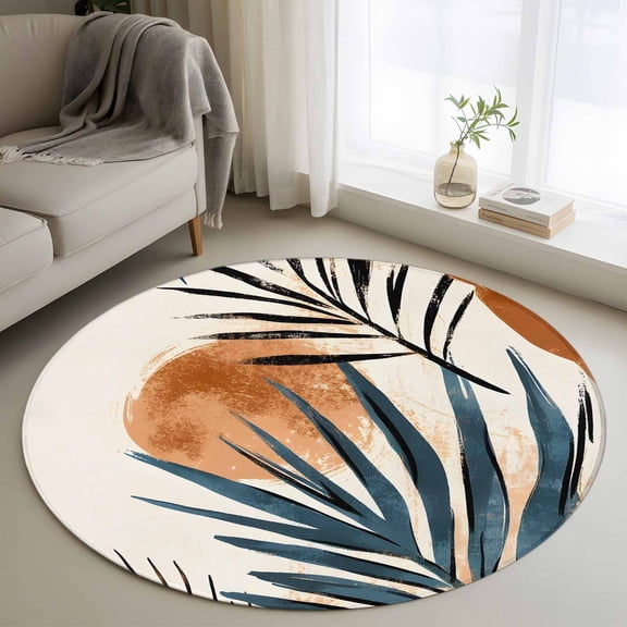 Area Rug 48in, Abstract Leaf Boho Sun Floor Carpet Living Room Rug, Orange Color Block Nordic Style Non-Slip Welcome Mat Indoor Rugs for Bedroom Dining Room