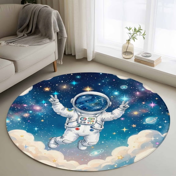 Area Rug 48in, Astronauts Galaxy Dream Sky Floor Carpet Living Room Rug, Stars Moon Planet Non-Slip Welcome Mat Indoor Rugs for Bedroom Dining Room