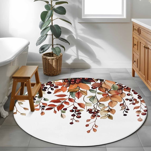 Area Rug 48in, Autumn Lead Berry on White Floor Carpet Living Room Rug, Orange Fallen Leaves Non-Slip Welcome Mat Indoor Rugs for Bedroom Dining Room