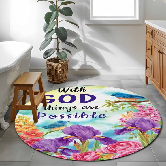 Area Rug 48in, Blossom Floral Arts God Quotes Floor Carpet Living Room Rug, Nature Landscape Non-Slip Welcome Mat Indoor Rugs for Bedroom Dining Room
