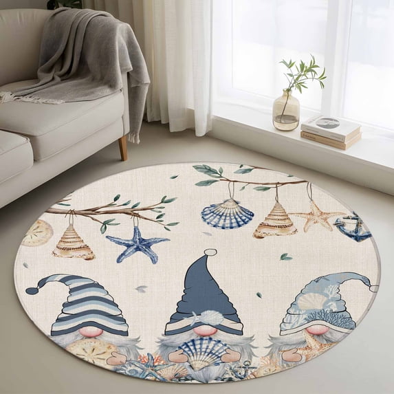 Area Rug 48in, Blue Gnome on Vintage Linen Floor Carpet Living Room Rug, Summer Ocean Shell Starfish Non-Slip Welcome Mat Indoor Rugs for Bedroom Dining Room