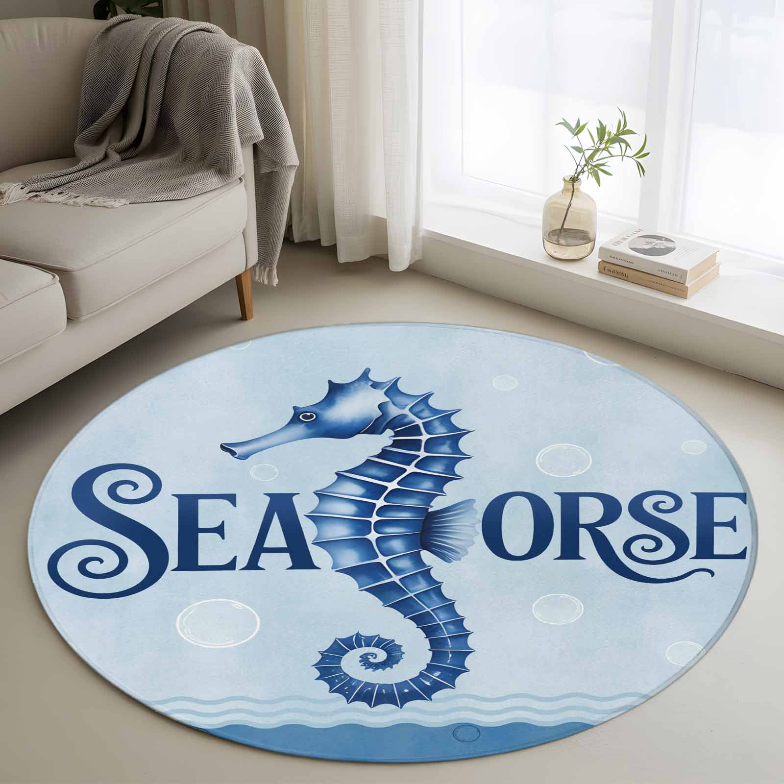 Area Rug 48in, Blue Seahorse Marine Creature Floor Carpet Living Room ...
