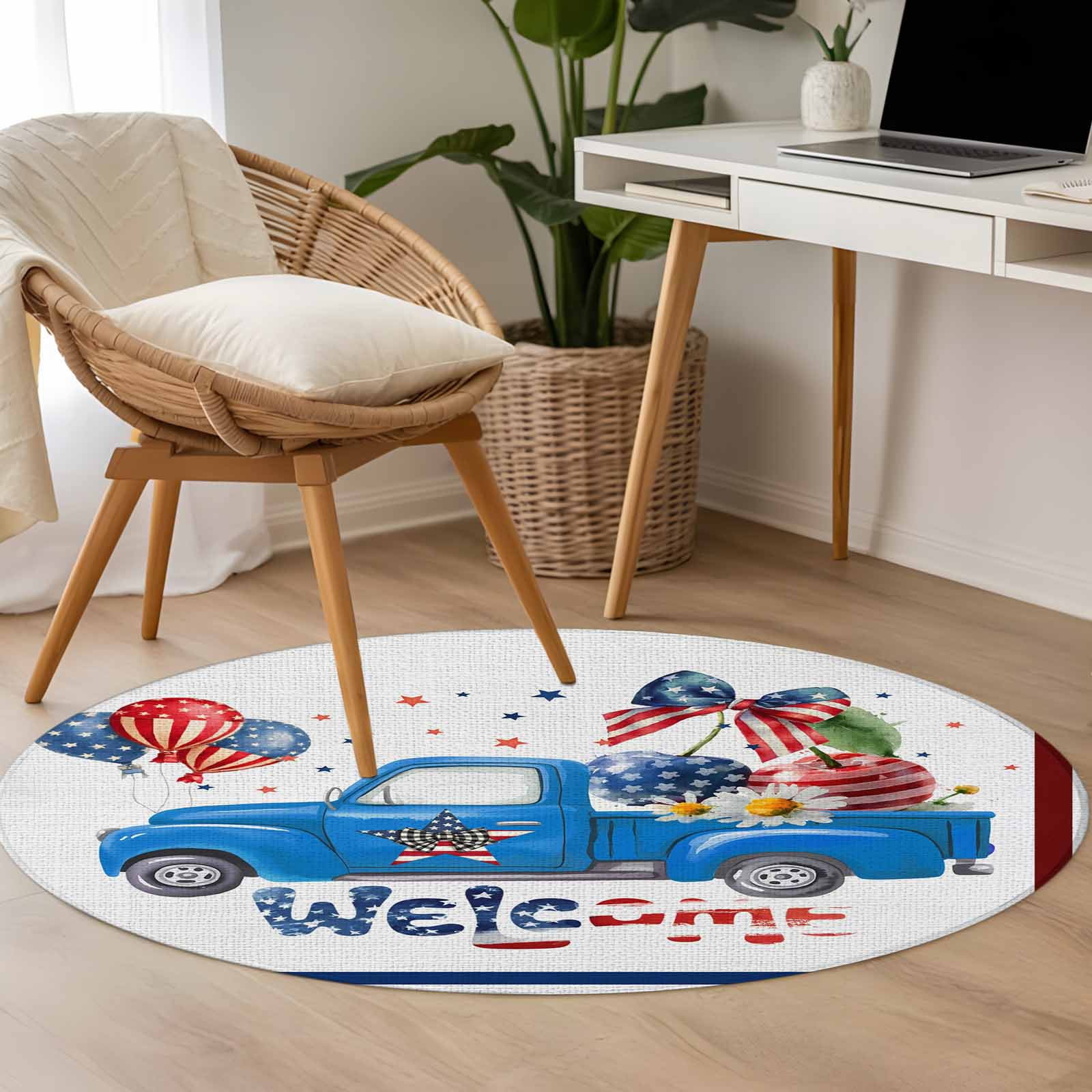 Greetings Rug Area Rug 48in, Blue Truck USA Flag Cherries Balloons Floor Carpet ...