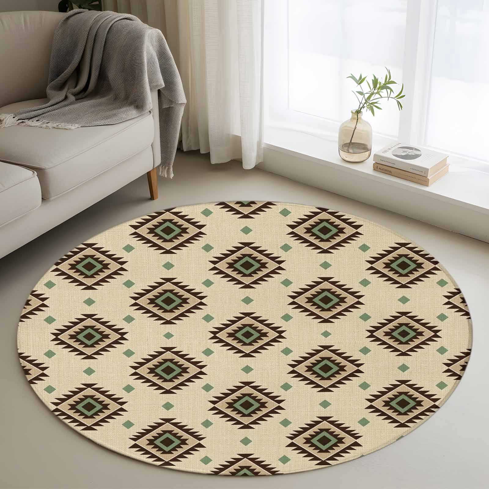 Area Rug 48in, Boho Tribal Diamond Pattern Floor Carpet Living Room Rug ...