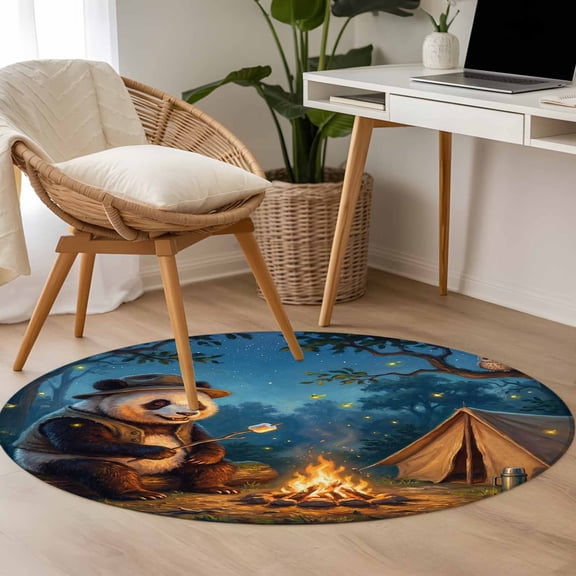 Area Rug 48in, Camping Bonfire Panda Floor Carpet Living Room Rug, Nighttime Firefly Owl Non-Slip Welcome Mat Indoor Rugs for Bedroom Dining Room