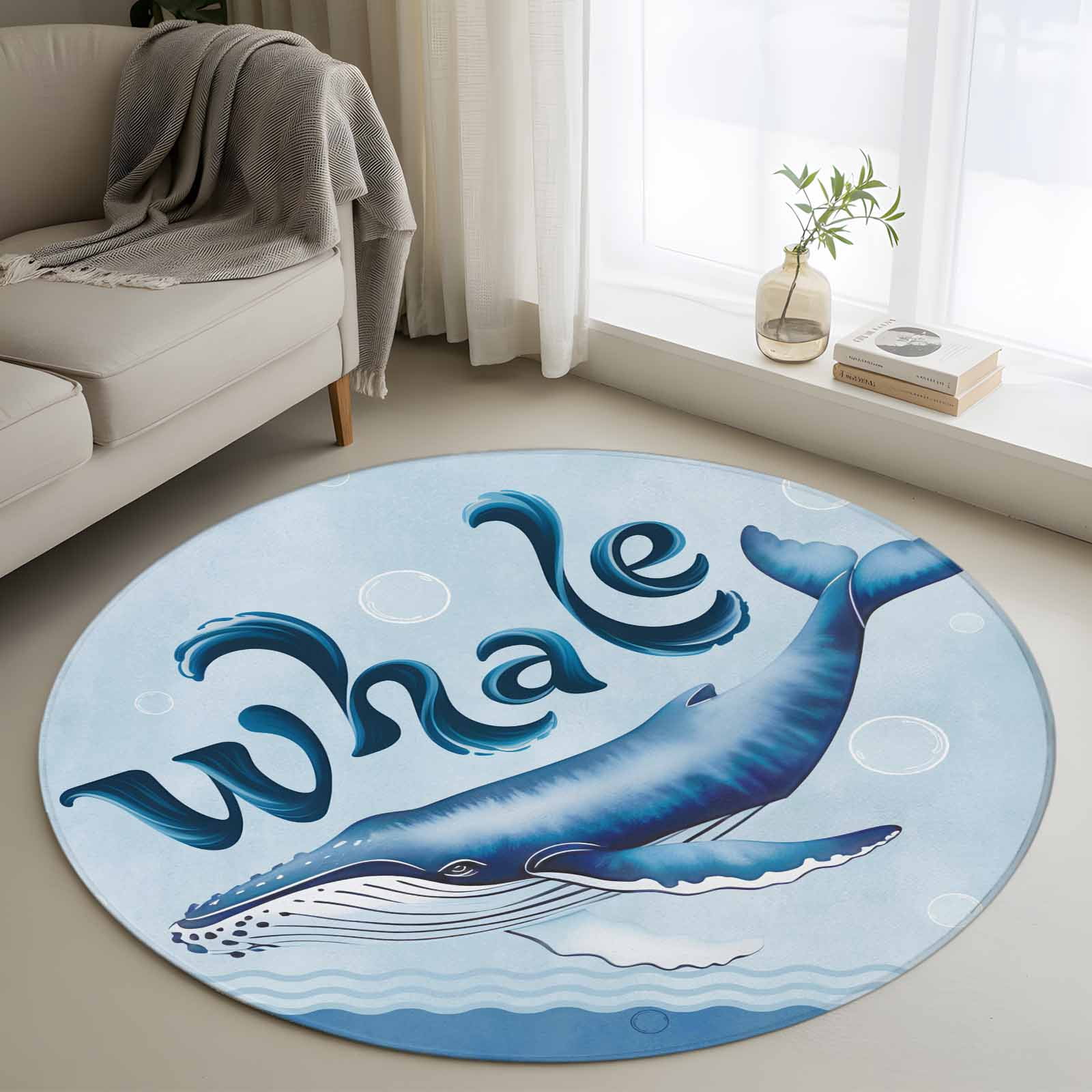Area Rug 48in, Coastal Sea Whale Floor Carpet Living Room Rug, Ocean ...