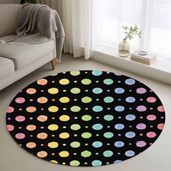 Area Rug 48in, Colorful Dot Polka on Black Floor Carpet Living Room Rug, Rainbow Color Ombre Dot Non-Slip Welcome Mat Indoor Rugs for Bedroom Dining Room